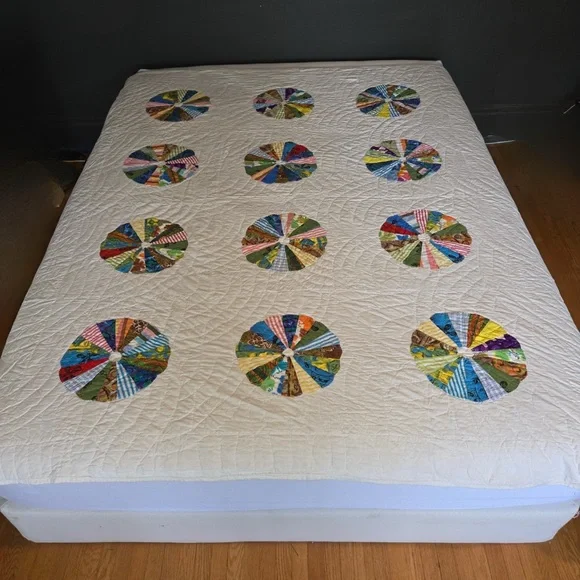 Vintage Dresden Plate Quilt Patchwork 1940-50 Feedsack Fabric Full, Cottagecore - Picture 6 of 7